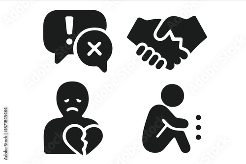 Misinformation icon set. Fake news consequence. Broken trust, heartbreak, and social isolation vector icons. Psychology and mental health concept. Betrayal and loneliness symbol.