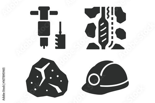 Mining and geology solid glyph icons. Geological drilling, core drill, borehole, rock sample and safety helmet. Industrial pictograms for mineral extraction and quarry work.