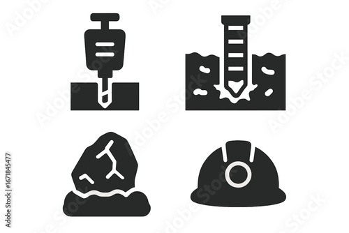 Mining industry solid glyph icon set. Geological exploration, core drill, borehole, rock sample, mineral ore, and safety helmet. Heavy industry and extraction symbols. Vector.