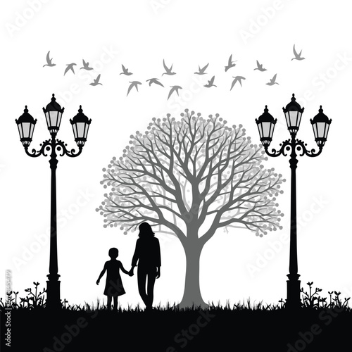 Mother and child walking under street lamps and tree