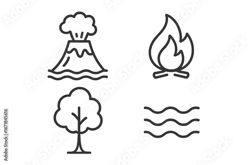 Nature Elements Outline Icon Set Including Volcano Eruption, Fire Flame, Tree Silhouette, Water Waves, Environmental Symbols, Vector Cartoon Illustration with Transparent Background