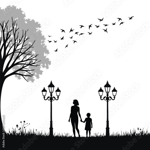 Mother and child walking under tree with flock of birds