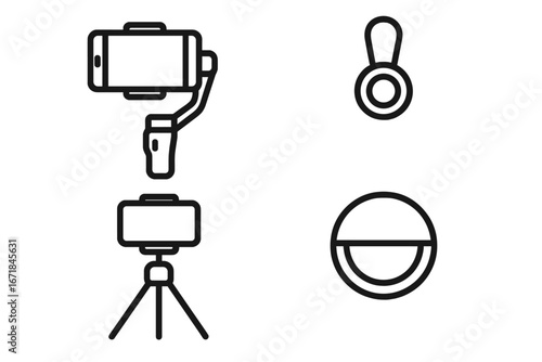 Mobile Photography Gadgets Outline Icon Set Including Smartphone Gimbal, Clip-On Lens, Mini Tripod, and Ring Light Vector Illustration for Creative Content