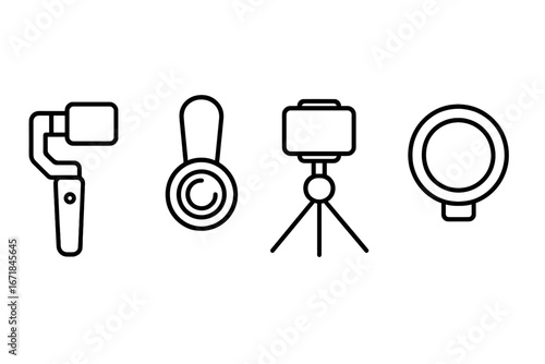 Mobile photography gadgets outline icon set including smartphone gimbal, clip-on lens, mini tripod, and ring light vector illustration, transparent background