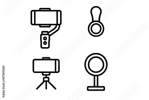 Mobile Photography Gadgets Outline Icon Set of 4 with Smartphone Gimbal, Clip-on Lens, Mini Tripod, and Ring Light Vector Illustration on Transparent Background