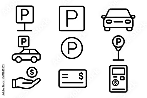 Parking and payment line icon set, simplified essential icons for mobile apps, vector cartoon illustration with transparent background, ordered set of 9 car and payment symbols