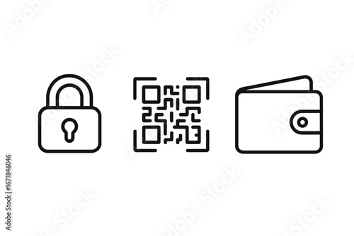 Security and payment linear icon set with lock, QR code, and wallet outline icons, vector cartoon illustration, transparent background, digital transaction and online security concept