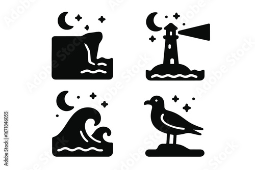 Moonlit coastal icons set with lighthouse beam, cliff edge waterfall, crashing ocean waves, and seagull silhouette under night sky stars vector illustration