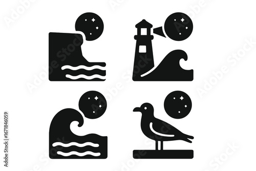 Moonlit coastal icons set. Solid filled vector illustrations of moonlit coastal landscapes with cliff edge, lighthouse with beam, crashing waves, seagull silhouette, nighttime ocean nature symbols