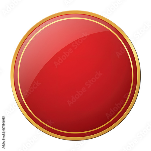 Glossy red circle emblem with golden border isolated on transparent background
