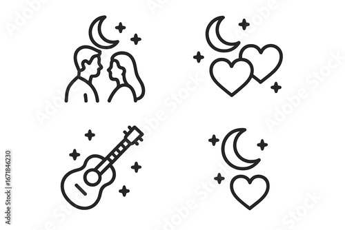 Romantic Moonlit Icons Set - Outline Vector Collection of Evening Couple Silhouette, Heart-Shaped Clouds, Serenade Guitar, Moon and Stars, Love and Romance Symbols