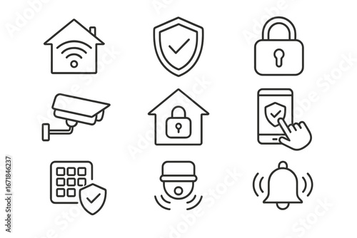 Smart home security icon set with automation, sensor, lock, surveillance camera, keypad, alarm, mobile control, and protection technology outline vector collection