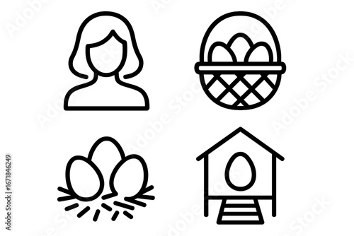 Morning egg outline icons set with young woman silhouette, basket of eggs, chicken nest, and chicken coop door, black line vector illustrations for farm and lifestyle concepts