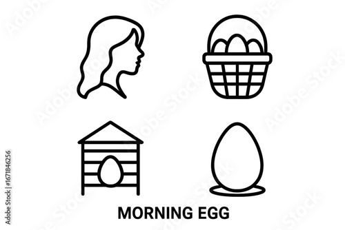 Morning Egg Outline Icon Set with Young Woman Silhouette, Basket of Eggs, Chicken Coop Door, and Single Egg Vector Illustration on Transparent Background