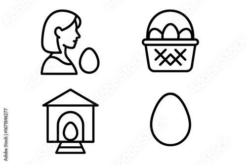Morning egg outline icon set with young woman silhouette, basket of eggs, chicken coop door, and single egg, farm fresh concept, poultry symbols, vector illustration
