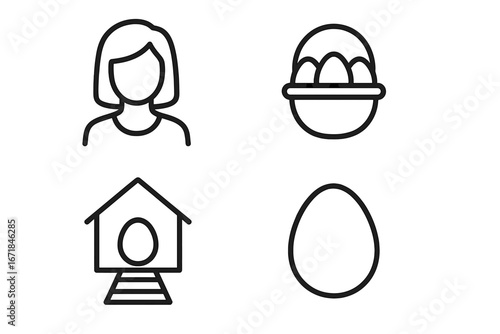 Morning Egg Outline Icon Set of 4 with Young Woman Silhouette, Basket of Eggs, Chicken Coop Door, and Single Egg Vector Illustration for Farm and Lifestyle Concepts