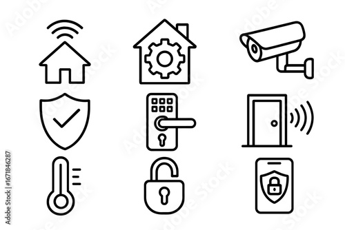 Smart Home Security Icon Set with Automation Sensors, Electronic Locks, Surveillance Cameras, and Technology Outline Vector Collection for Home Automation and Safety