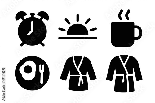 Morning tea routine icons set with alarm clock, sunrise, steaming coffee mug, breakfast plate with egg and fork, cozy bathrobes, solid filled vector illustration for lifestyle and wellness