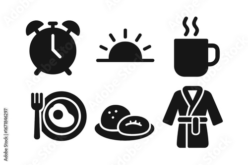 Morning Tea Routine Icons Set, Solid Filled Vector Illustrations of Alarm Clock, Sunrise, Steaming Coffee Mug, Breakfast Plate with Eggs, Cozy Bathrobe for Relaxing Mornings