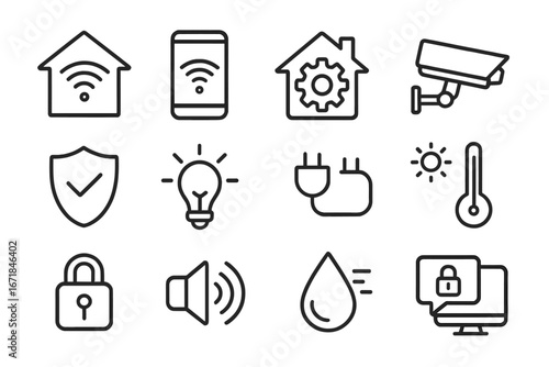 Smart home security icon set with technology, connectivity, and automation symbols. Vector cartoon illustration with transparent background. Modern wireless system icons collection.