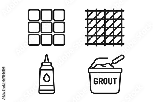 Mosaic Art Materials Icons Set, Outline Style Featuring Tesserae Tiles, Mesh Backing, Adhesive Tube, Grout Bucket with Trowel, Mosaic Craft Supplies Vector Illustration
