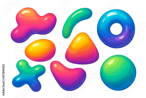 Colorful abstract shapes set. Glossy 3D liquid effect. Vibrant gradient fluid blobs for modern design. Shiny plastic jelly candy bubbles. Vector graphic elements collection.