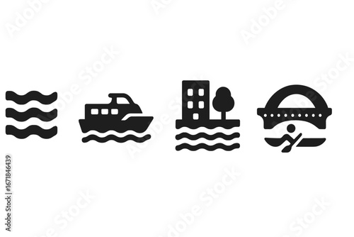 Solid vector icons set of four Moscow River scenery including river waves, tour boat, river embankment with building and tree, arched bridge with rowing boat silhouette