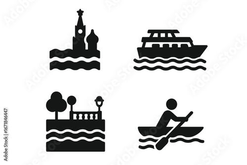 Moscow River Icons Solid Filled Vector Set of 4, Moscow River Scenery with Iconic Architecture, Tour Boat, River Embankment, Bridge Arch, Rowing Person, Water Activity Illustrations