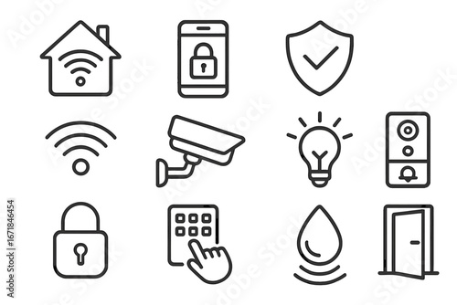 Smart home security icon set with technology, connectivity, automation symbols, surveillance camera, locked smartphone, keypad, lightbulb, water leak detector, video doorbell in vector cartoon style