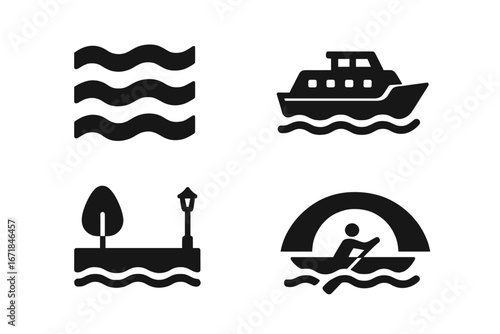 Moscow River Icons Solid Filled Vector Set Featuring River Waves, Tour Boat, Riverside Embankment with Tree and Lamppost, and Rowing Boat with Arch Bridge Scene