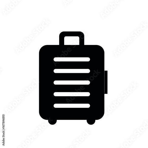 A black and white illustration of a suitcase with a handle and wheels for travel and vacation use