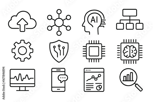 Technology AI and Data Line Icon Set with Cloud Computing, Analytics, Security, AI Brain, Network, Mobile Chat, and Data Visualization Icons, Vector Cartoon Collection with Transparent Background