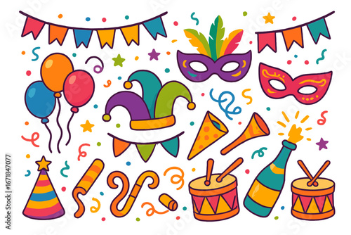 Carnival party element collection. Vector cartoon set for birthday, Mardi Gras, or festival celebration. Includes mask, jester hat, balloon, confetti, and parade items.