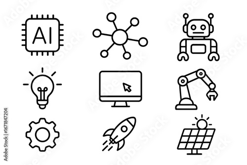 Technology and Innovation Outline Icon Set with AI, Network, Robotics, Automation, Space Rocket, Solar Energy, Light Bulb, and Gear Symbols in Vector Line Art Collection
