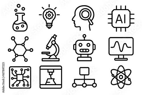 Technology and science line icon set with innovative lab, research, AI, molecular structure, microscope, robot, circuit, 3D printing, data network, and atomic elements, vector cartoon illustration