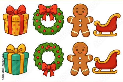 Christmas icon collection with colorful holiday symbols. Festive set with gift present, wreath, gingerbread man, and sleigh. Cute cartoon vector graphic design element.