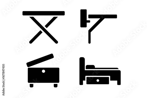 Multifunctional Furniture Icons Set. Solid Filled Vector Symbols of Foldable Table, Wall-Mounted Desk, Storage Compartment Chest, and Bed with Under Storage. Home Space Saving Solutions.