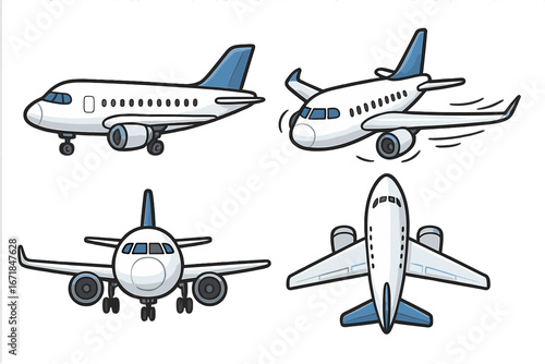 Multiple views of a commercial airplane showcasing design features and flight potential, vector cartoon illustration with transparent background, ordered set of 4 perspectives