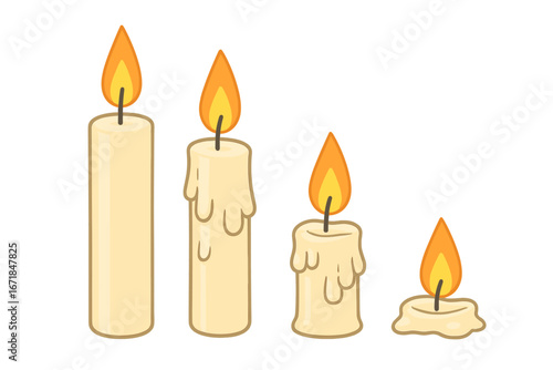 Progression of burning candles showing different stages of flame and wax melting in a calm peaceful setting, vector cartoon illustration with transparent background, waxing candles