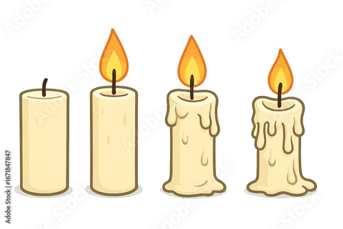 Progression of burning candles showing different stages of flame and wax melting in calm setting, vector cartoon illustration with transparent background, candle wick and flame evolution