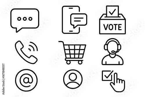 Communication & business vector line icon set. Symbols for voting, shopping, customer support, contact & email. Outline pictogram collection for web, UI, UX & mobile app design.