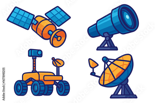 Vibrant colorful vector cartoon illustration of space exploration tools and technologies featuring satellites, telescopes, space rover, and communication antennas for astronomy and research
