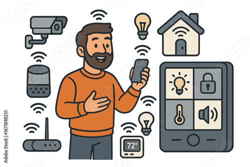 Smart Home Technology Enhances Connectivity and Convenience with Various Interconnected Devices for Modern Living, Vector Cartoon Illustration with Transparent Background