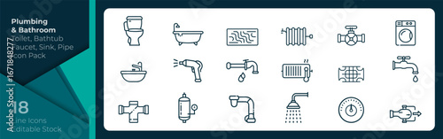 Plumbing and Bathroom Fixtures Line Icons Vector Set – Faucet, Toilet, Bathtub, Shower, Radiator, Valve