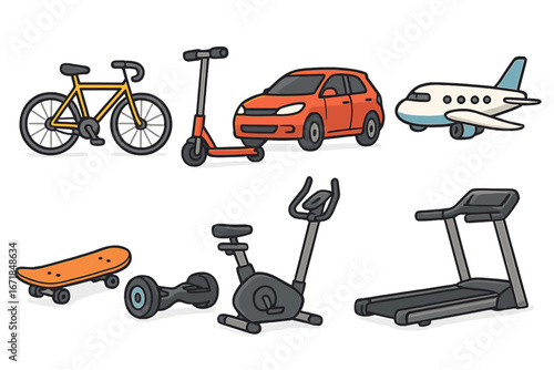 Modern vector illustration of various transportation modes and exercise equipment in a vibrant cartoon style, perfect for lifestyle, fitness, and urban mobility concepts