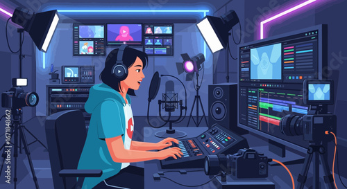 Digital storyteller creating content in professionally-equipped multimedia studio