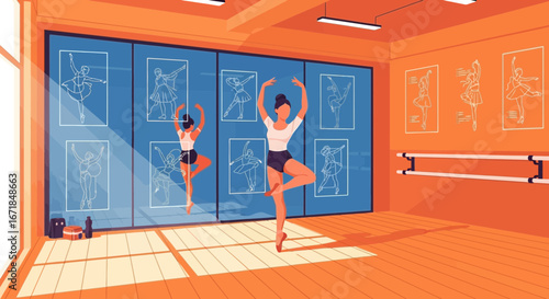 Ballerinas practicing positions in a dance studio with sunlight and poster designs