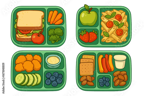 Kids lunch box set with healthy school meals. Bento box meal prep with sandwich, pasta, fruit, vegetables, nuggets. Balanced diet nutrition concept vector cartoon illustration.
