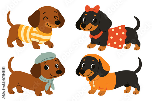 Cute dachshund dog characters collection. Set of funny cartoon puppies in fashion clothes. Adorable wiener dogs wearing a sweater, dress, beret, and hoodie. Vector pet illustration.