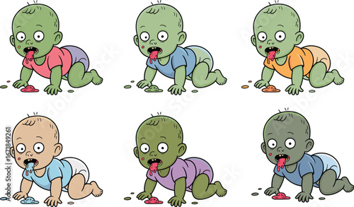 Zombie baby cartoon, crawling undead infant, Halloween illustration, funny horror baby art, drooling monster kid, cute creepy child, cartoon zombie baby drawing collection